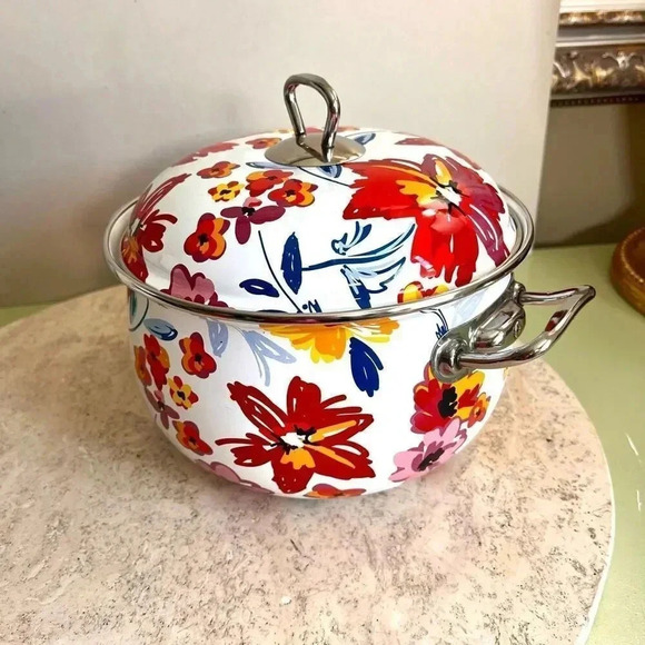 Crofton 4 Quart Floral Casserole Pot with Lid Whote Red Blue 5 x 11 inches - Picture 5 of 12